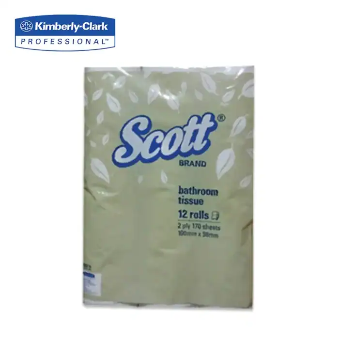 Bathroom tissue rolls, Kimberly Clark Scott brand, 12 rolls, soft and strong toilet paper, bathroom hygiene, commercial paper products, for cleaning and sanitation, hygiene supplies Asia.