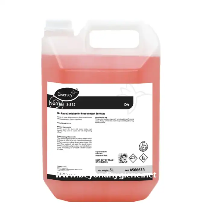 Disinfectant sanitizer for food-contact surfaces, 5L, ideal for commercial kitchens, restaurants, and food industries, ensuring hygiene and safety with effective no-rinse formula.