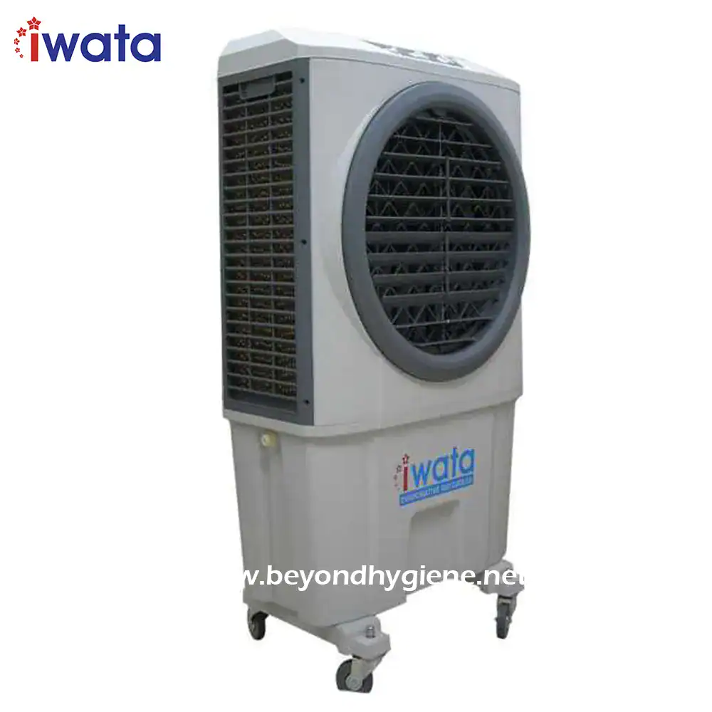 Portable industrial air cooler for improved hygiene and air quality in commercial and healthcare settings.