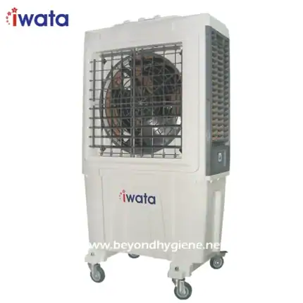 High-capacity portable industrial air cooler for effective cooling, ideal for commercial and industrial environments, featuring durable construction and mobility for hygiene-focused spaces.