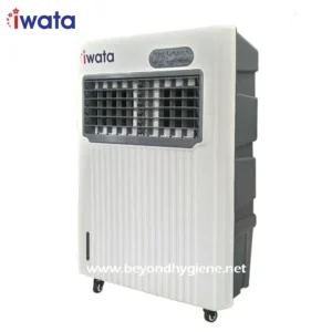 Iwata portable air cooler for office and home use, energy-efficient, compact design with adjustable settings, ideal for maintaining cool environments in Asia beyond hygiene standards.