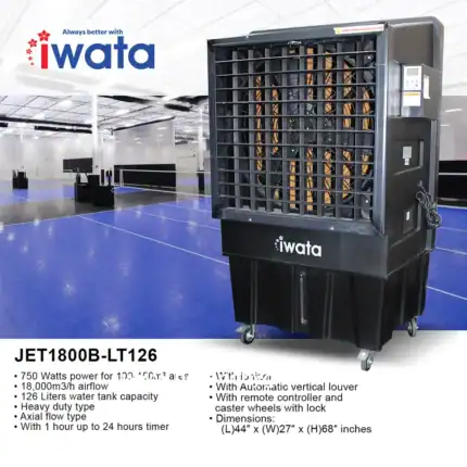 Jet1800B-LT126 industrial outdoor evaporative cooler for large-scale cooling solutions. Features 18,000 m³/h airflow, 126-liter water tank capacity, and automated vertical louvers for efficient cooling.