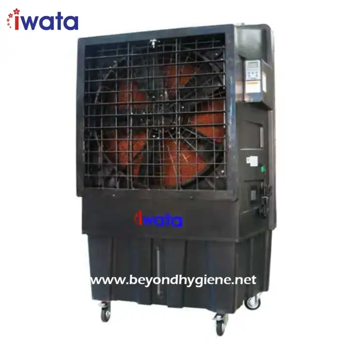 Cooling industrial fan with protective grille, used for ventilation and air circulation in commercial and industrial settings. Emphasizes hygiene and safety standards.