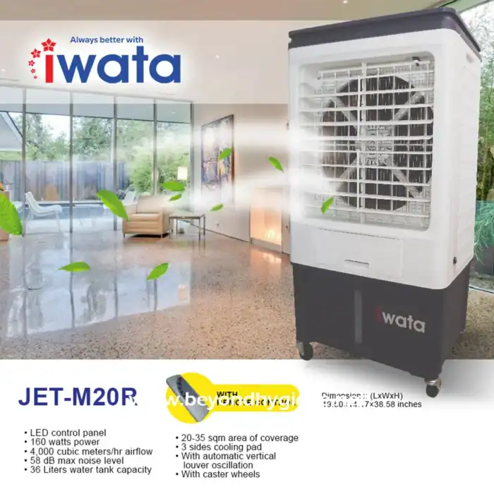 Cleaning and air conditioning equipment for commercial spaces, iwata portable air cooler, energy-efficient cooling tower with automatic vertical louvers, ideal for hygiene-focused environments.