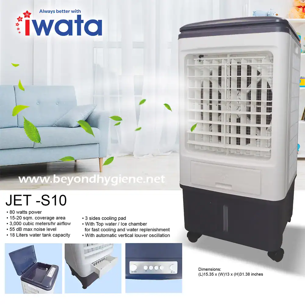 Jet-S10 portable air cooler for commercial and residential use, with 80W power, 3 sides cooling pad, ice chamber, 18L water tank, and automatic vertical louver oscillation for effective cooling.