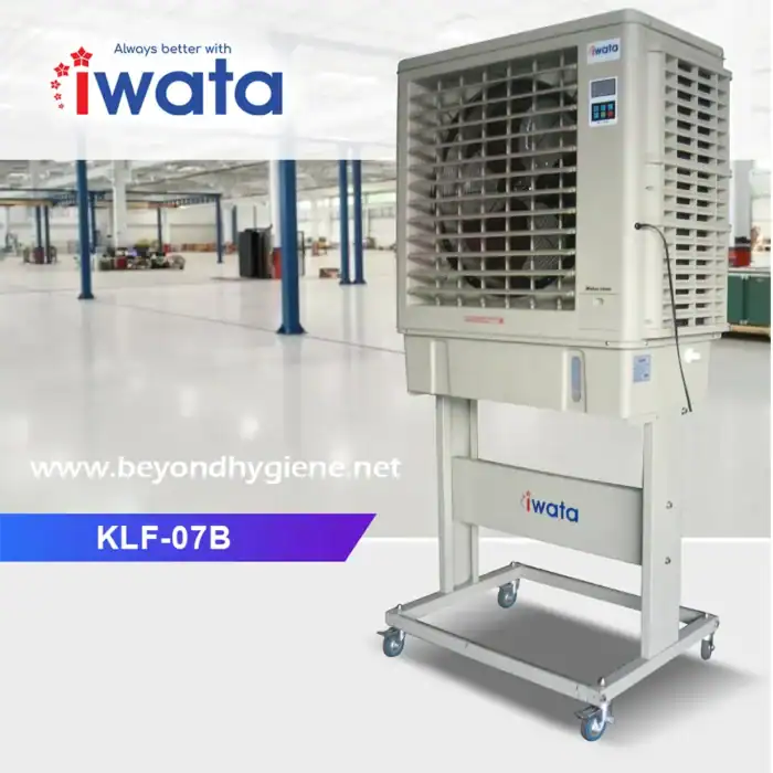 Cooling tower unit for industrial and commercial air conditioning, branded iWata, with model KLF-07B, suitable for hygiene and climate control solutions.