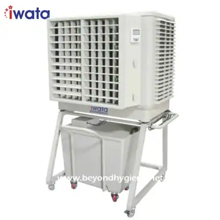 Iwata portable air cooler with adjustable louvers for efficient cooling in commercial and industrial settings.