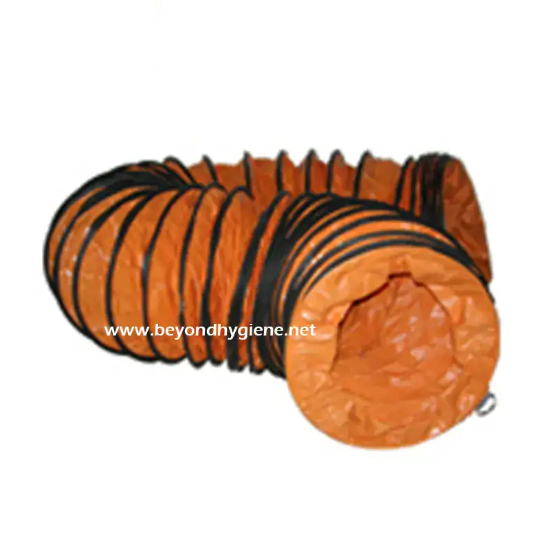 Orange flexible ducting with black reinforcement lines for industrial ventilation.