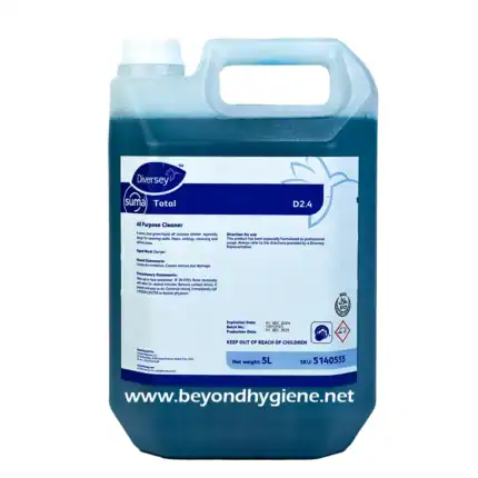 Diversey all-purpose cleaner in a large 5-liter container, ideal for professional cleaning with blue liquid disinfectant solution. Suitable for floors, walls, and surfaces, ensuring hygiene and safety.