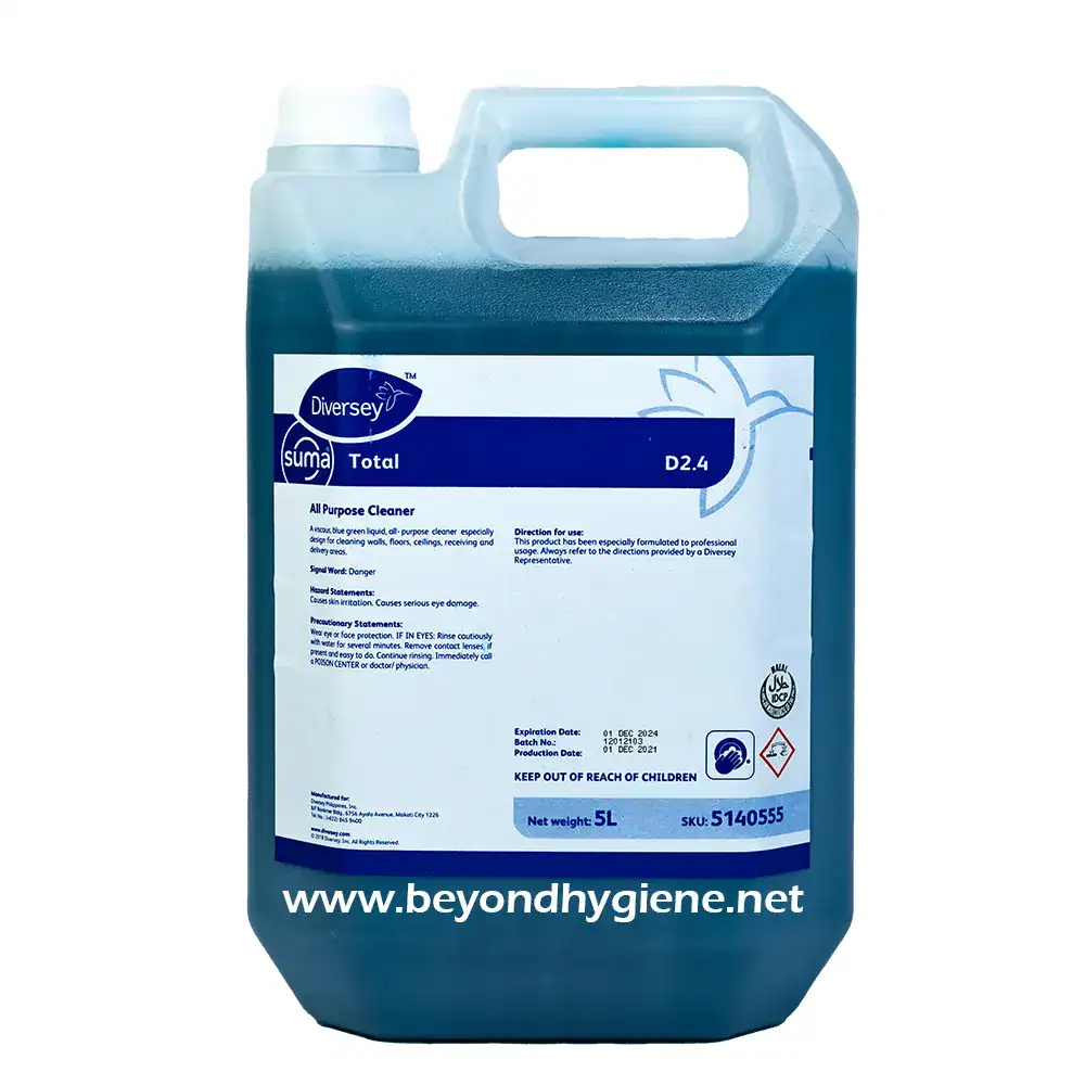 Diversey all-purpose cleaner in a large 5-liter container, ideal for professional cleaning with blue liquid disinfectant solution. Suitable for floors, walls, and surfaces, ensuring hygiene and safety.