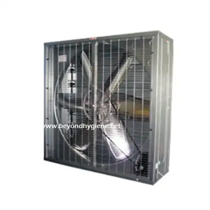 Air-cooled industrial ventilation fan with metal grille for efficient airflow and cooling in commercial spaces.