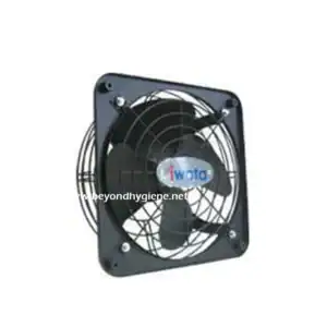 Fan with protective grill for air circulation, ideal for commercial or industrial sanitation environments, promoting hygiene and cleanliness.