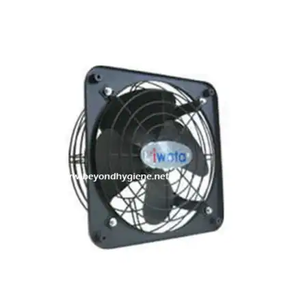 Fan with protective grill for air circulation, ideal for commercial or industrial sanitation environments, promoting hygiene and cleanliness.
