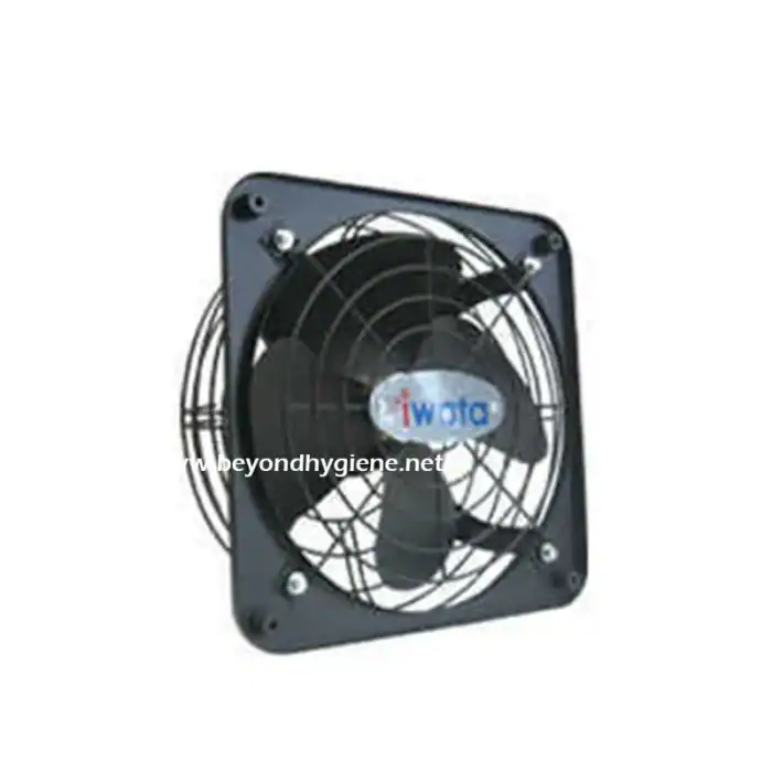 Fan with protective grill for air circulation, ideal for commercial or industrial sanitation environments, promoting hygiene and cleanliness.