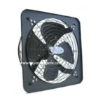 Black industrial wall exhaust fan for improved ventilation and air circulation in commercial and hygienic environments.