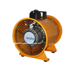 Ibata industrial fan for commercial cooling, orange metal heater with safety grill for hygiene and cleaning facilities in Asia.