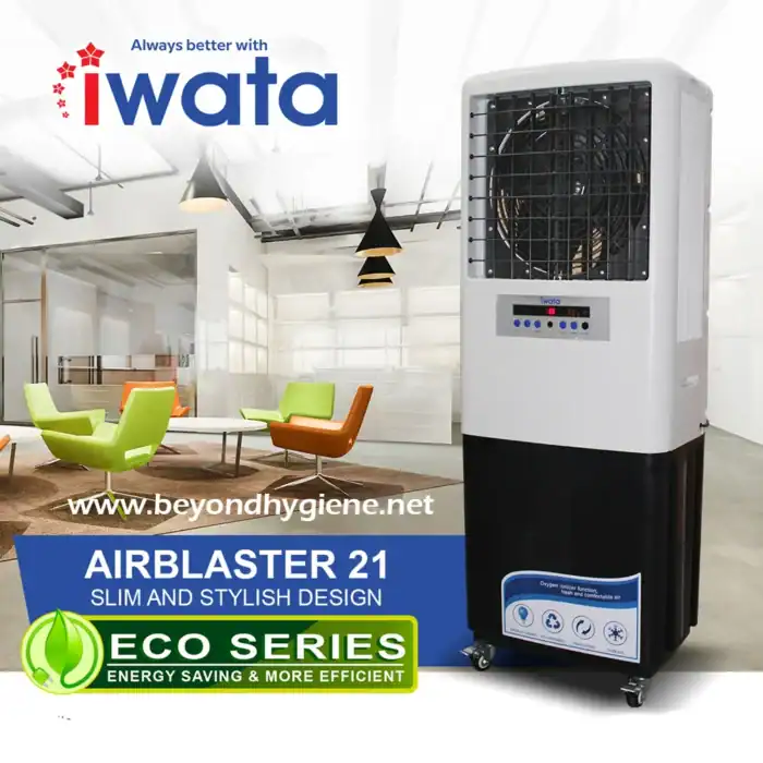 Iwata air cooler, energy-efficient portable cooling device for commercial and office spaces, stylish design, eco-friendly features, beyond hygiene Asia.