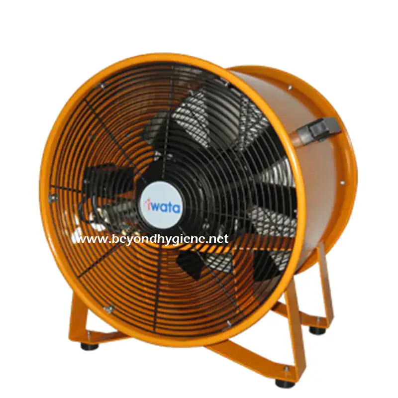 1 Fan with safety grill for industrial ventilation and cleaning applications in Asia.