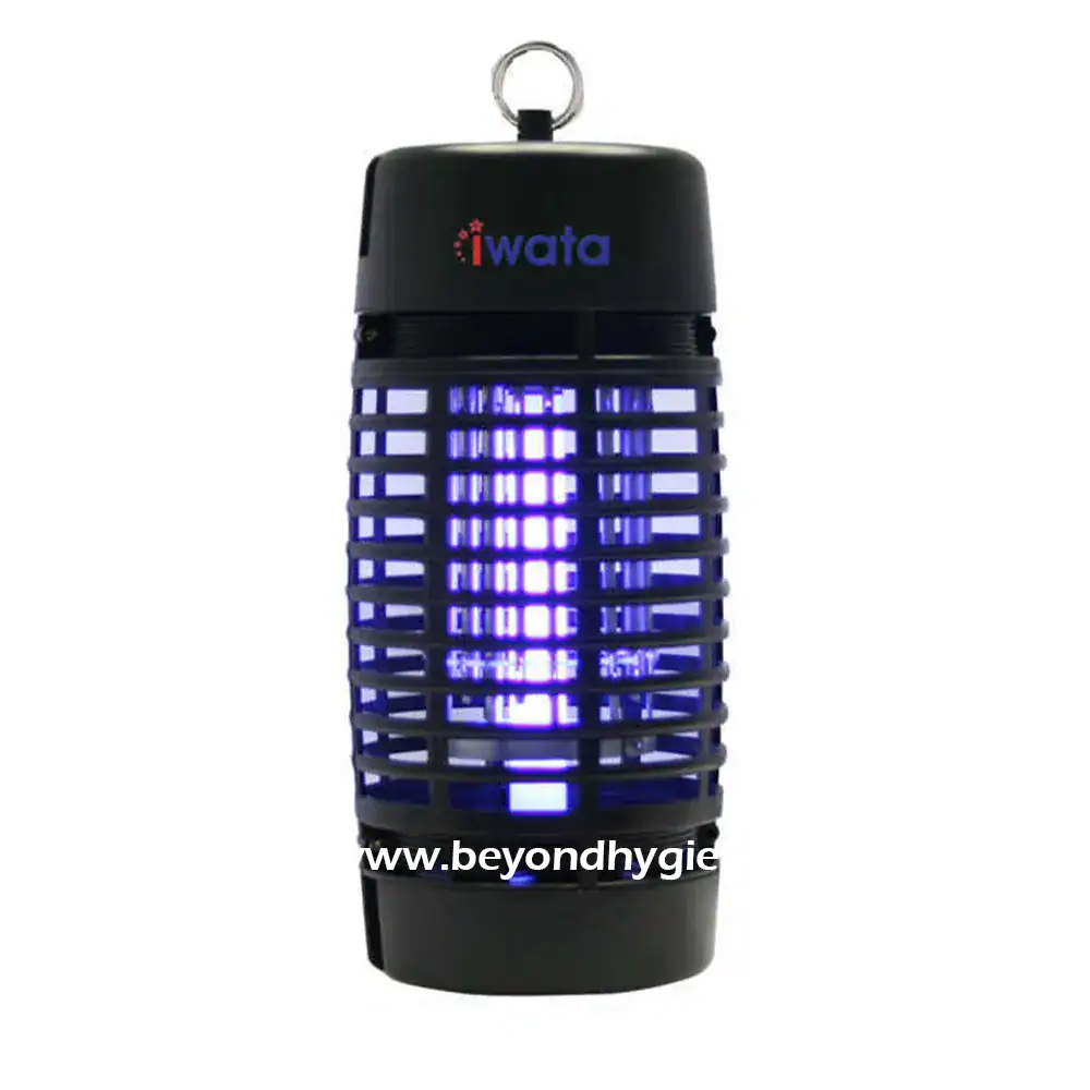 UV insect trap with black plastic body and blue glow, designed for pest control and sanitation in commercial and residential spaces in Asia.