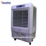 Portable industrial air cooler for commercial and residential use, energy-efficient evaporative cooling device, suitable for offices, warehouses, and outdoor spaces.