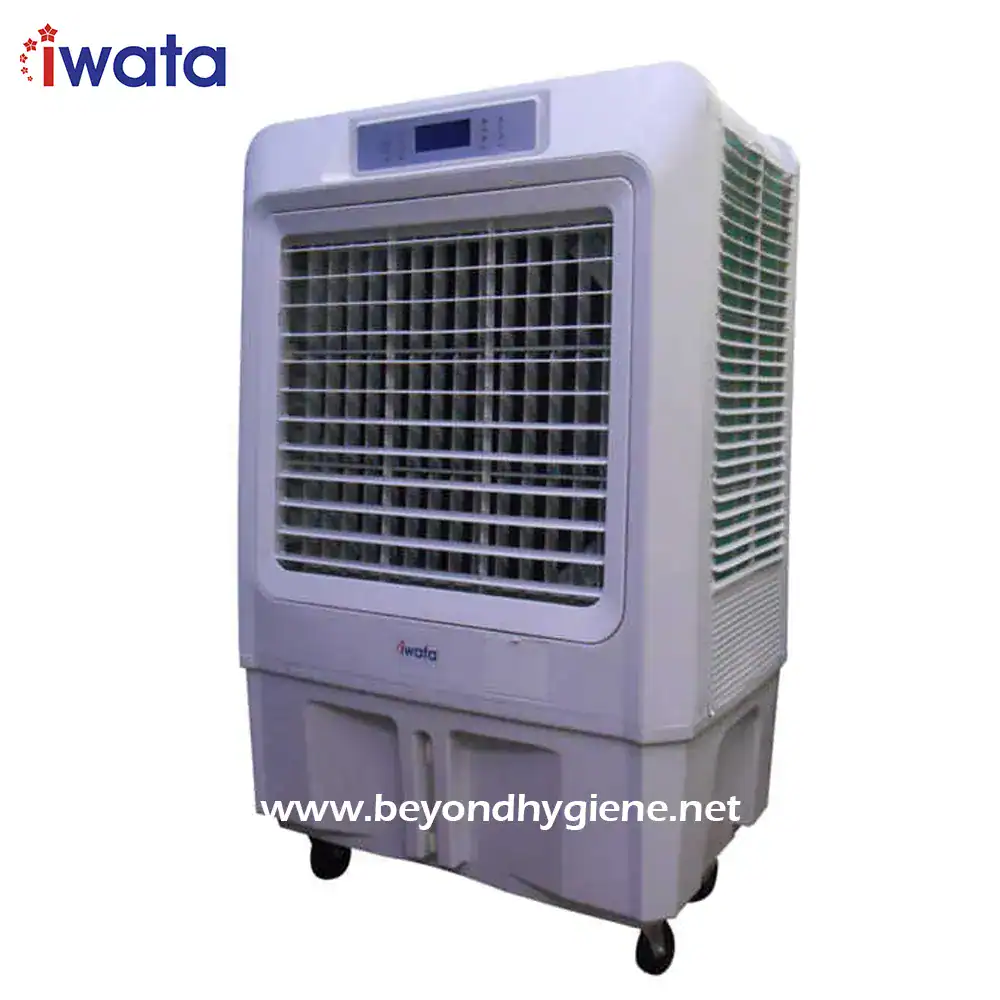 1 Portable industrial air cooler for commercial and residential use, energy-efficient evaporative cooling device, suitable for offices, warehouses, and outdoor spaces.