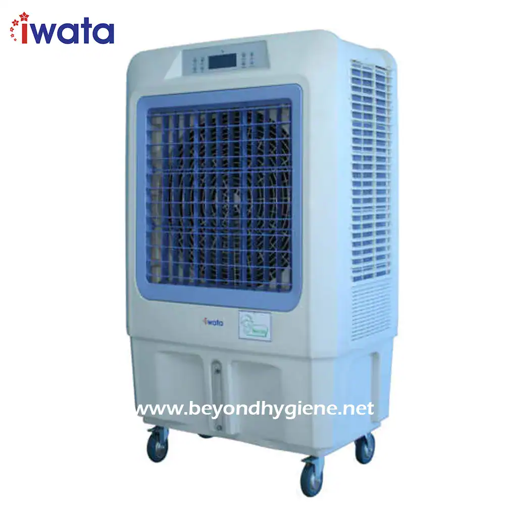 Cooling portable industrial air cooler for effective climate control at Beyond Hygiene Asia. Perfect for hygiene-focused environments, featuring advanced air filtration and mobile design.
