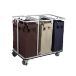 Cloth laundry carts on a mobile metal frame, used for transporting and sorting laundry in commercial and hospitality settings.