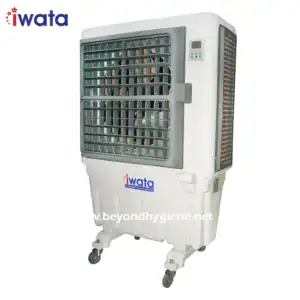 Evaporative air cooler for improved ventilation, energy-efficient cooling solution, ideal for commercial spaces, portable design with caster wheels, branded iwata air cooling technology, suitable for Asia markets.