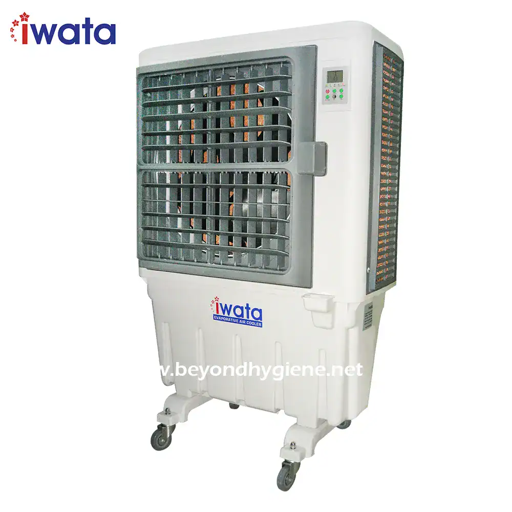 Evaporative air cooler for improved ventilation, energy-efficient cooling solution, ideal for commercial spaces, portable design with caster wheels, branded iwata air cooling technology, suitable for Asia markets.