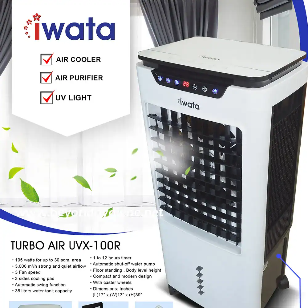 1 IWata portable air cooler and air purifier with UV light for space cooling and air purification in Asian markets, featuring quiet operation and energy-efficient design.