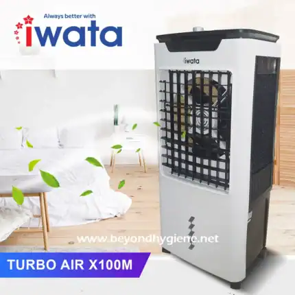 Cooling portable air cooler for home and office, Turbo Air X100M by iWata with high-efficiency fan and filter, ideal for hygienic air purification, suitable for Beyond Hygiene Asia disinfecting solutions.