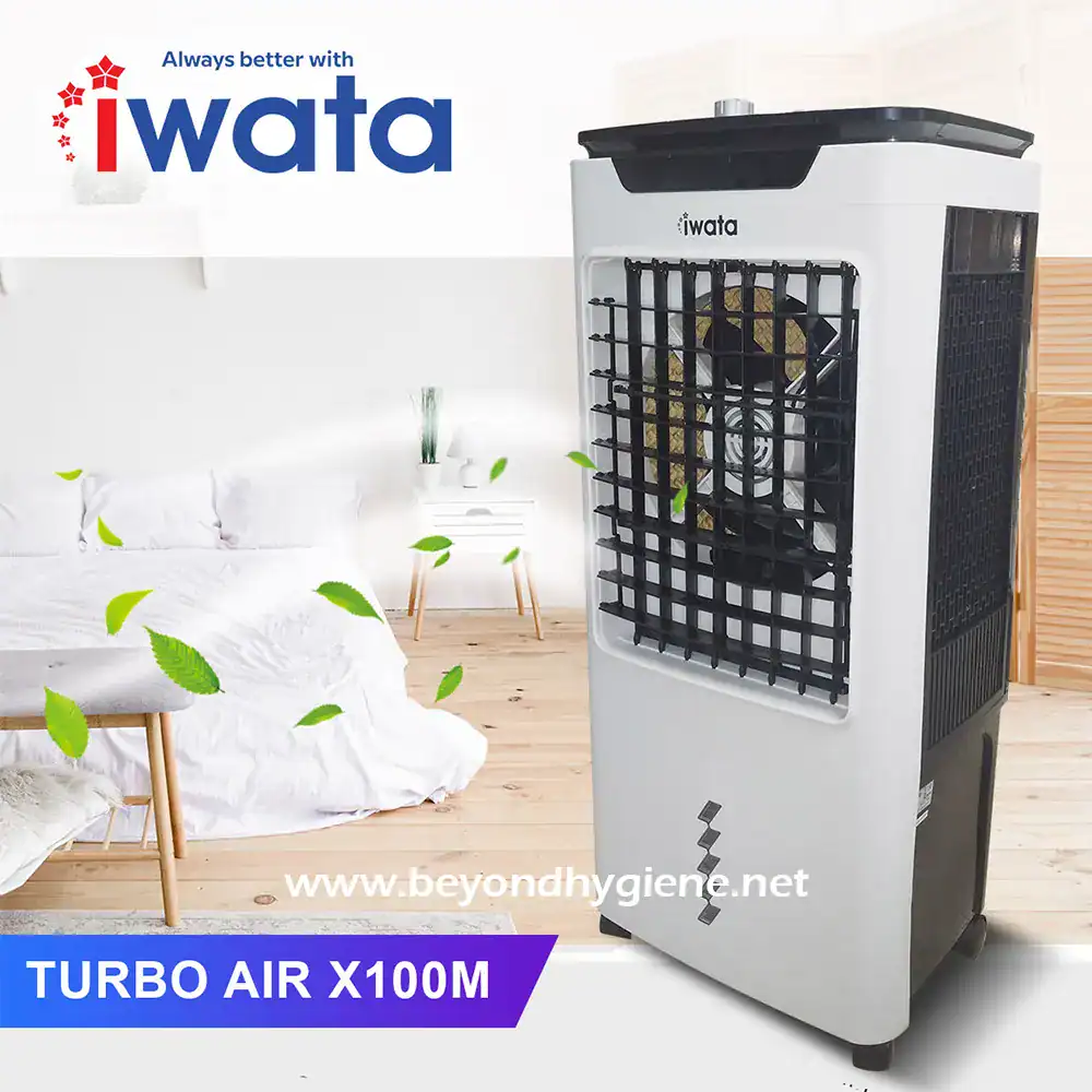 1 Cooling portable air cooler for home and office, Turbo Air X100M by iWata with high-efficiency fan and filter, ideal for hygienic air purification, suitable for Beyond Hygiene Asia disinfecting solutions.