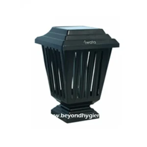 Black plastic outdoor trash bin with slatted design for waste disposal, featuring durable construction and secure lid. Ideal for commercial or public spaces, promoting cleanliness and hygiene.