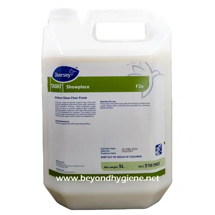 High gloss floor finish in a 5L container, ideal for professional cleaning and industrial use, from Beyond Hygiene Asia.