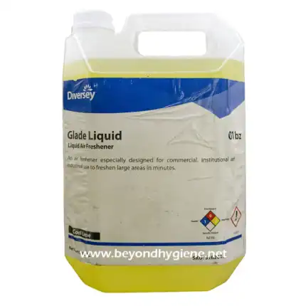 Diversey Glade Liquid air freshener in large industrial size container, ideal for commercial and institutional use to quickly freshen large areas.