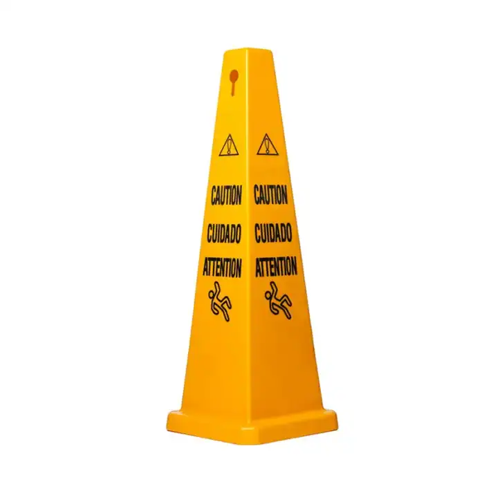 Caution wet floor warning cone with bilingual safety message, ideal for commercial hygiene and sanitation safety protocols.