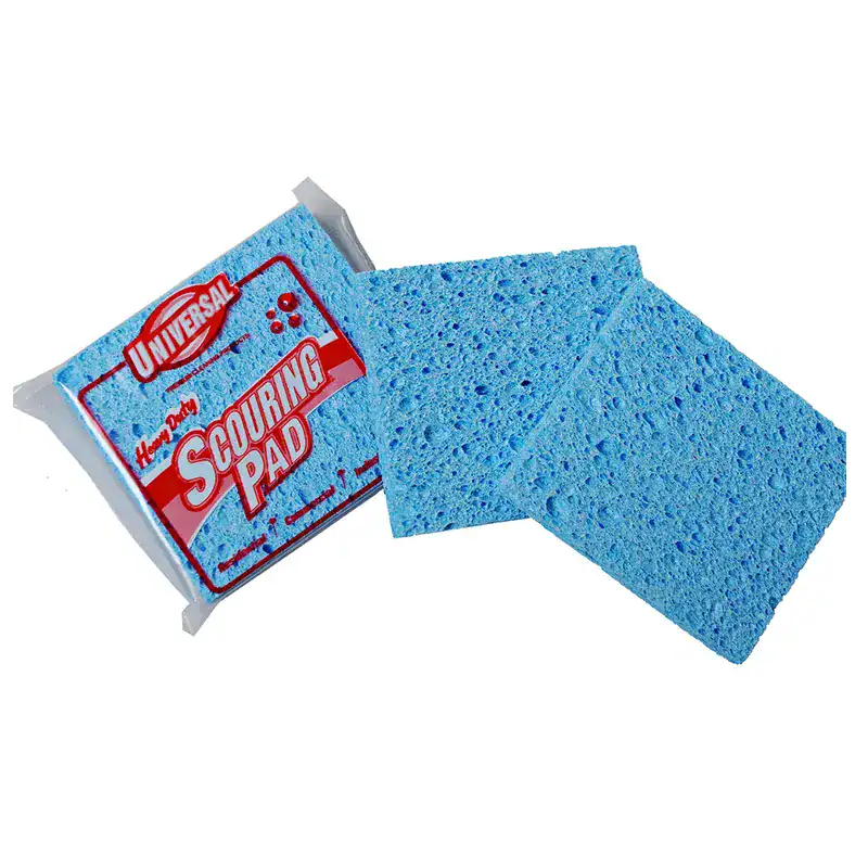 Blue universal scrubbing sponge with open pores for effective cleaning and surface maintenance.