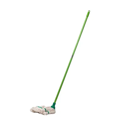Mop with a green handle and white cleaning pad for commercial and industrial cleaning, emphasizing hygiene and sanitation.