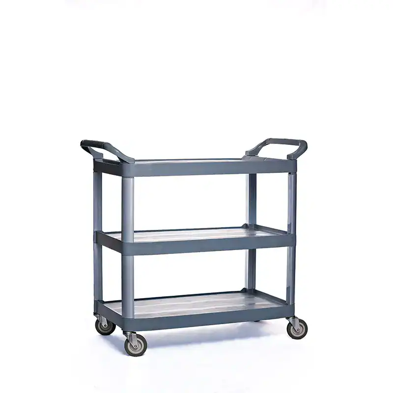 1 Stainless steel hospital utility cart with three shelves, durable and easy to clean for healthcare and medical facility use.