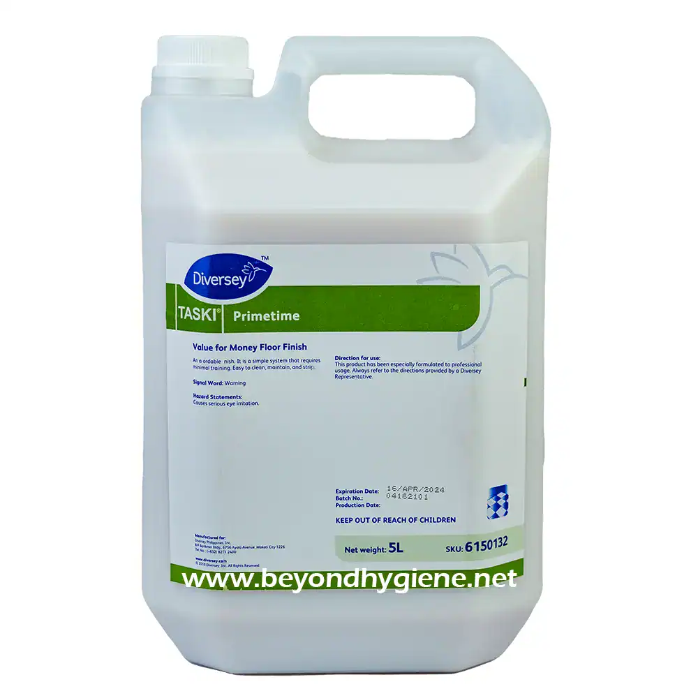 Diversey TASKI Primetime floor finish container for commercial cleaning and hygiene maintenance.