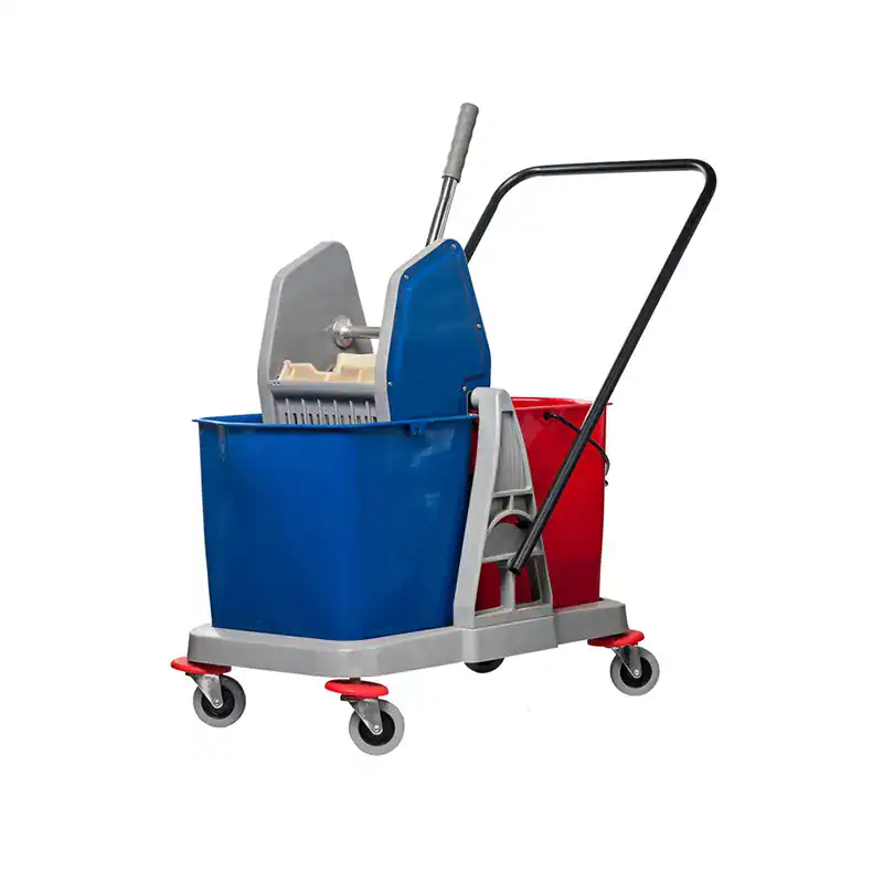 Blue cleaning cart with mop bucket and wringer system for sanitation and janitorial services.
