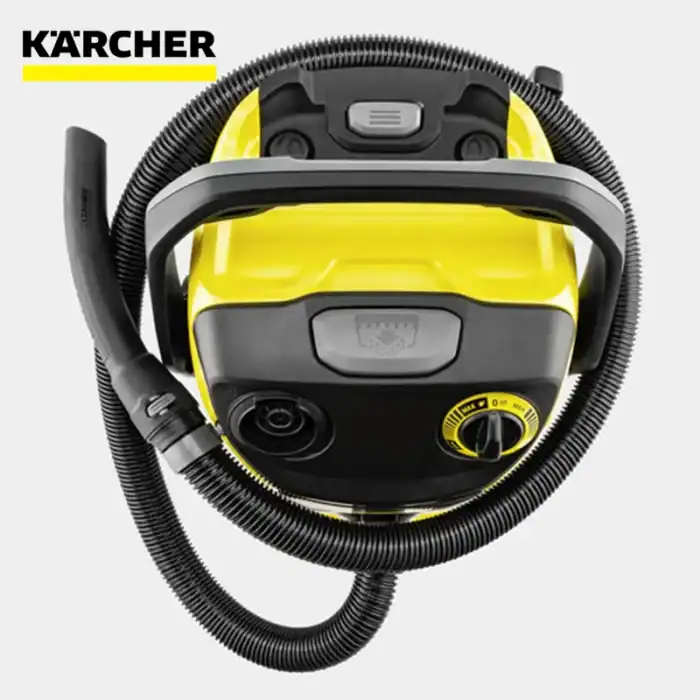 Karcher yellow and black wet dry vacuum cleaner with hose and adjustable dial for industrial cleaning.