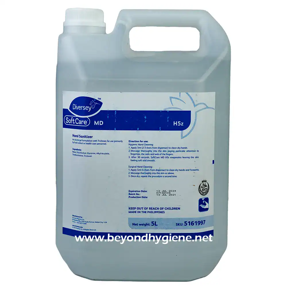 Diversey Soft Care hand sanitizer in a 5L container, ideal for hospitals, clinics, and public spaces, ensuring effective hand hygiene and infection control.