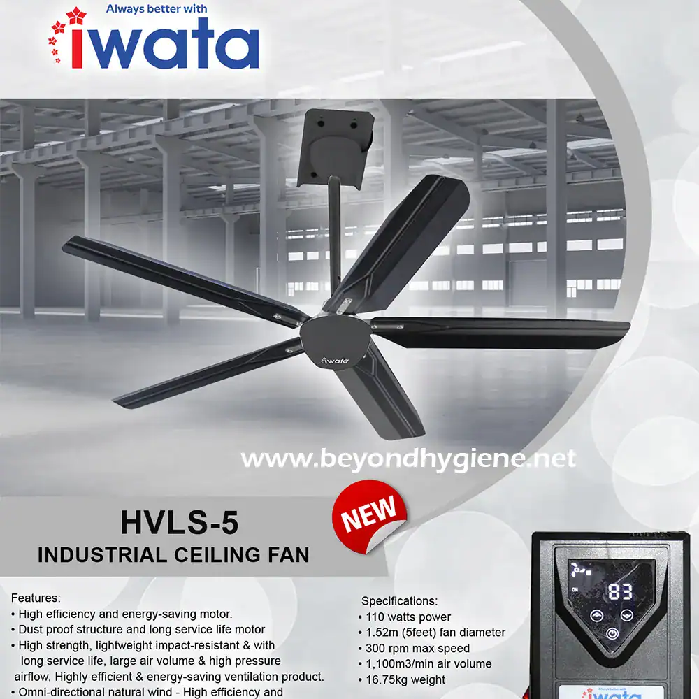 TORNADO HVLS-5 HVLS industrial ceiling fan for commercial spaces, energy-efficient with high airflow, long-lasting motor, and smart control features at Beyond Hygiene Asia.