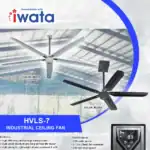 Iwata HVLS-7 industrial ceiling fan, white and black models, high efficiency, energy-saving motor, durable dust-proof structure, ideal for large spaces, 220W power, 7-foot fan diameter, remote control, optimized for commercial and industrial HVAC needs.