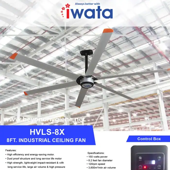 HVLS industrial ceiling fan for commercial spaces, energy-efficient with high airflow, suitable for large areas, ideal for hygiene and cleanliness environments.