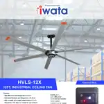 HVLS-12X industrial ceiling fan in warehouse, energy-efficient design for large space ventilation, with control box.