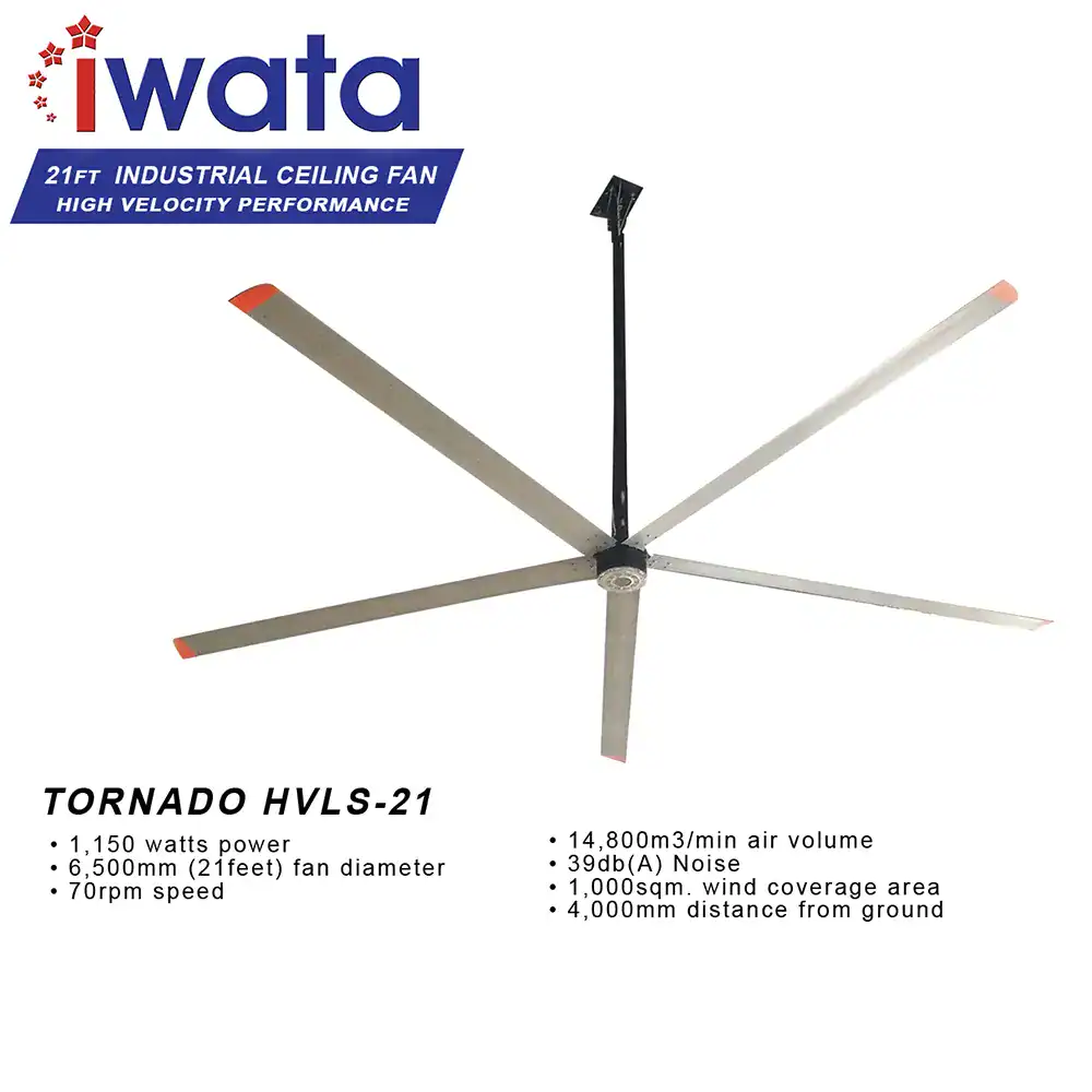 TORNADO HVLS-21 High-speed industrial ceiling fan for commercial use, 21ft diameter, 1,150W power, high airflow 14,800 m3/min, low noise 39dB, ideal for large warehouse and factory ventilation.