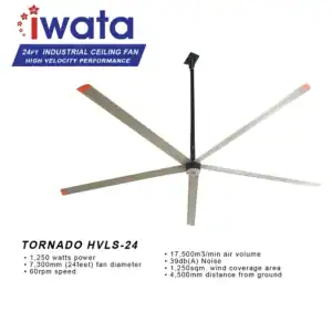 24ft industrial ceiling fan by Iwata for high-velocity performance and air circulation. Ideal for large commercial and industrial spaces with 7,300mm fan diameter.