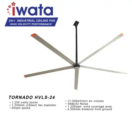 24ft industrial ceiling fan by Iwata for high-velocity performance and air circulation. Ideal for large commercial and industrial spaces with 7,300mm fan diameter.